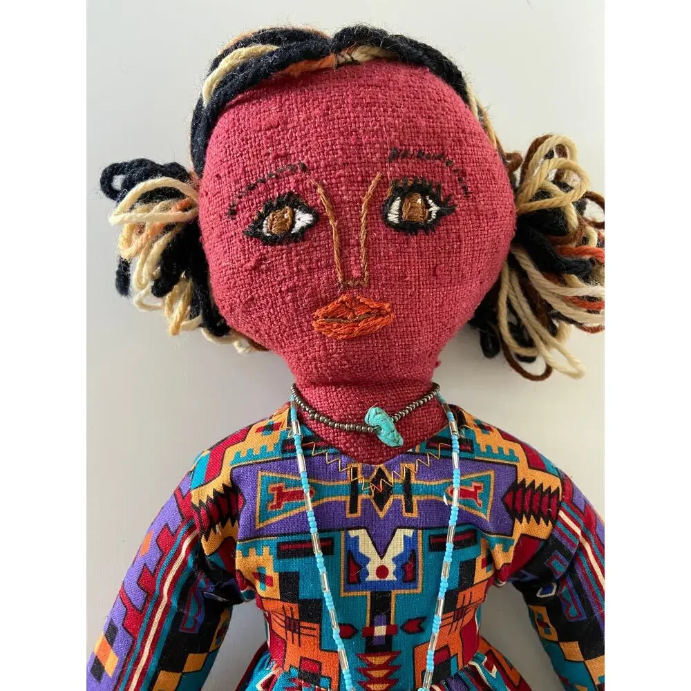 Handmade Boho Folk Art Beaded Red Purple & Blue Embroidered Yarn Hair Cloth Doll